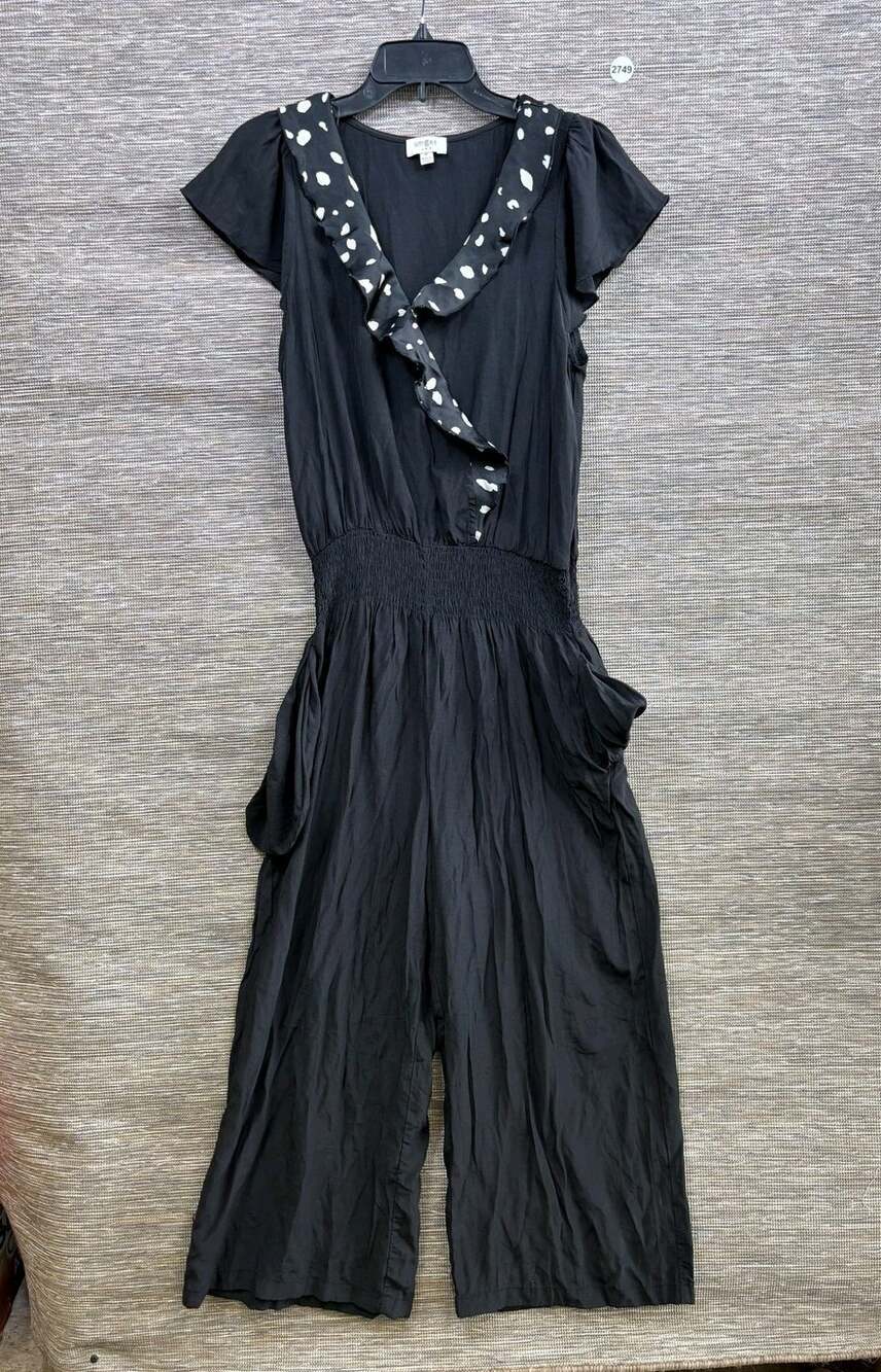 Umgee Jumpsuit Womens M Black Polka Dot Ruffle V Neck Elastic Waist Short Sleeve